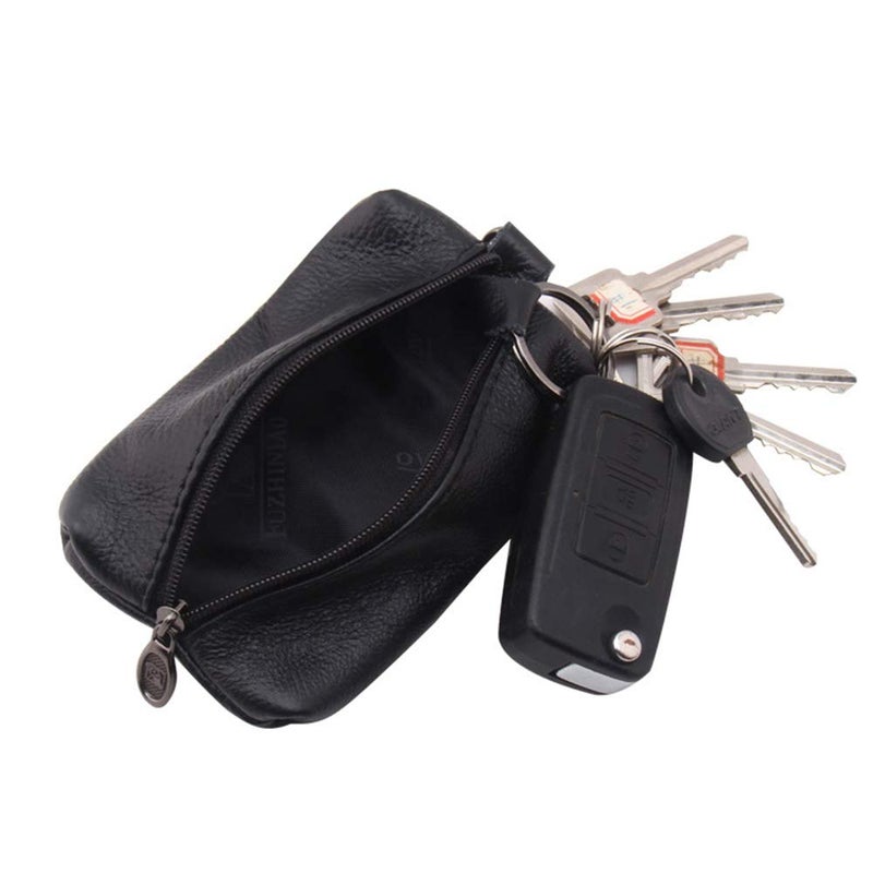 AUONY Unisex Genuine Leather Key Case Wallet Pouch Bag Keychain Holder with Key Ring & Zipper (Black) - Image 2